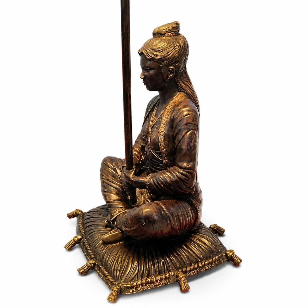 Antique Bronze Figural Table Lamp, Seated Oriental Figure, Silk Shade, Red & Gold