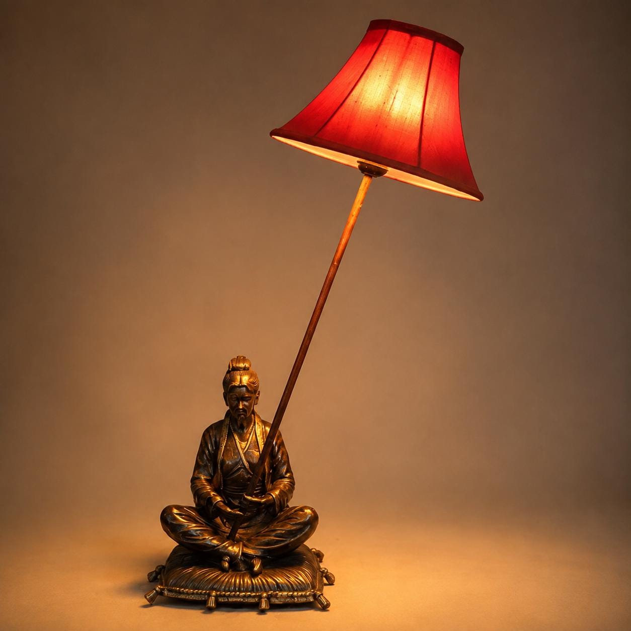 Antique Bronze Figural Table Lamp, Seated Oriental Figure, Silk Shade, Red & Gold