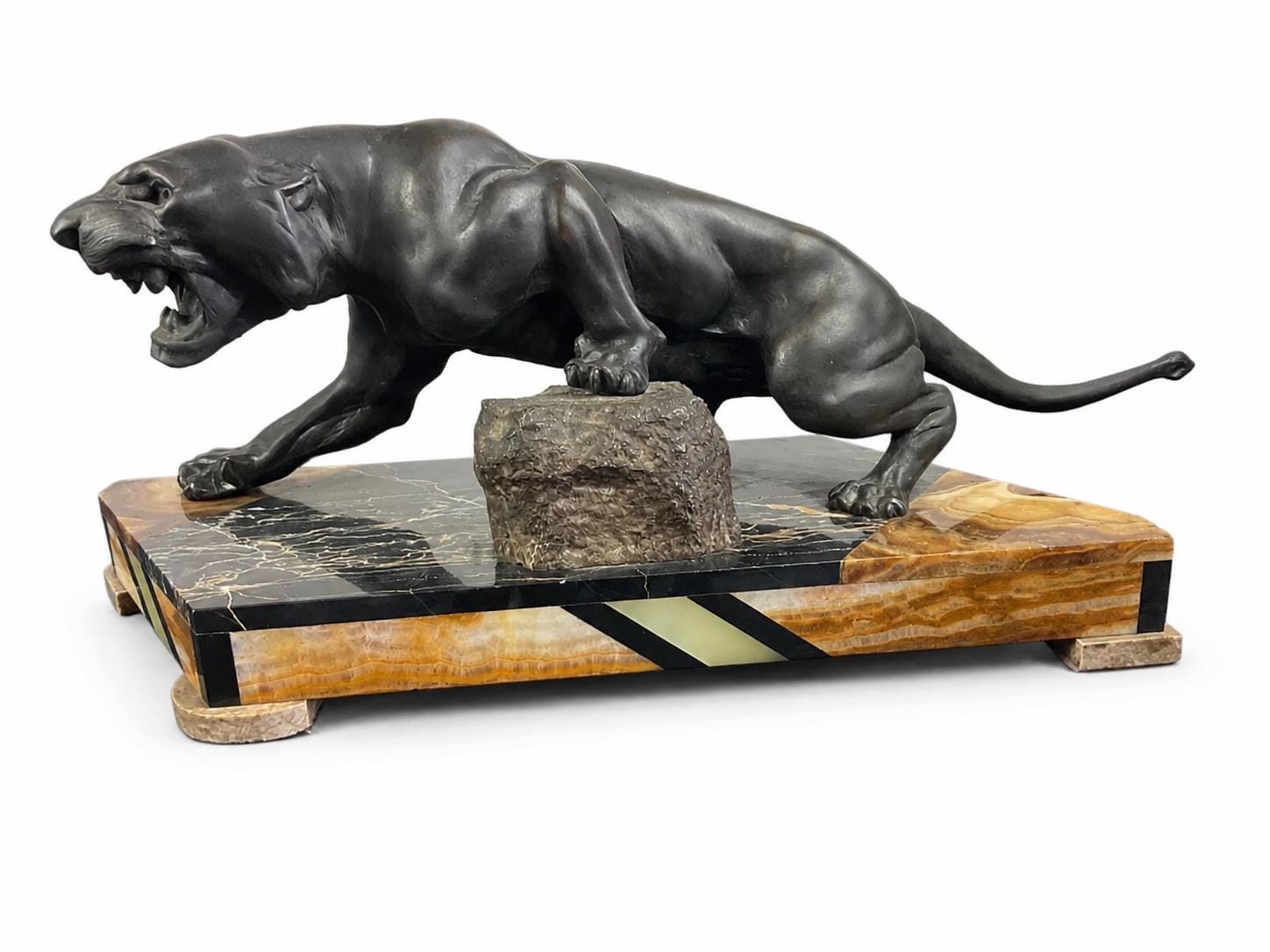 Art Deco Panther Sculpture, Patinated Spelter Big Cat on Marble Onyx Base — French, 1930s Style