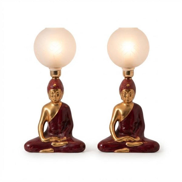 Vintage Buddha Table Lamps Pair, Burgundy Gold Ceramic with Frosted Glass Globes — 1970s–80s