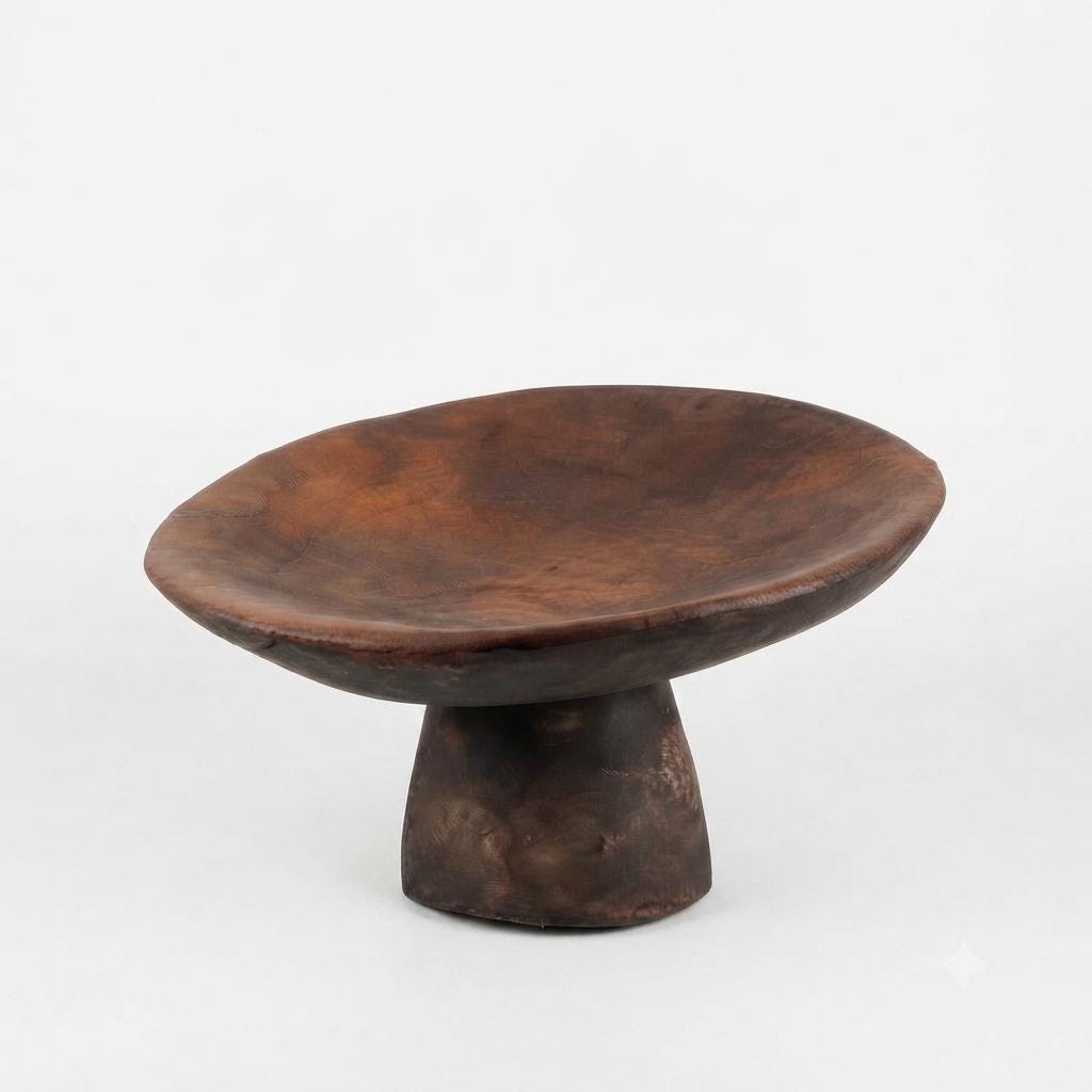 Wooden Footed Bowl, Hand Carved Pedestal Bowl, Berber Style — North African, Dark Patina