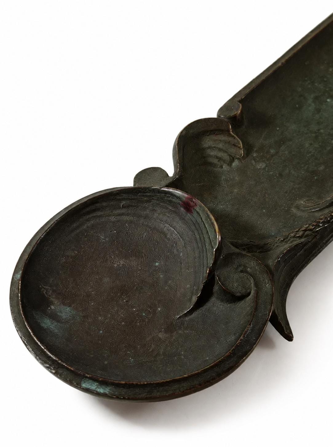 Pen Tray, Patinated Metal Desk Tidy with Shell Bowl, Scrolled Rims — European