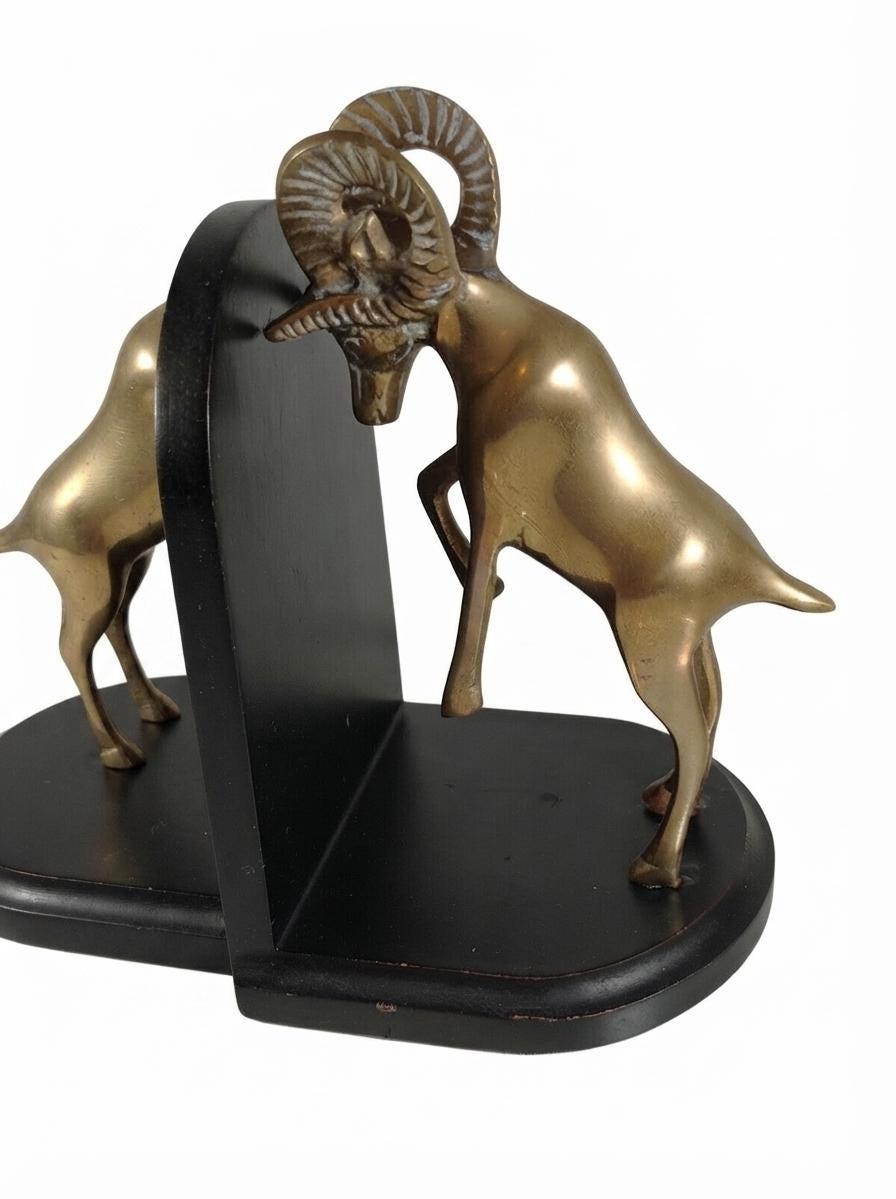 Vintage Brass Ram Bookends, Pair of Fighting Bighorn Sheep on Black Wood Bases, Mid-Century