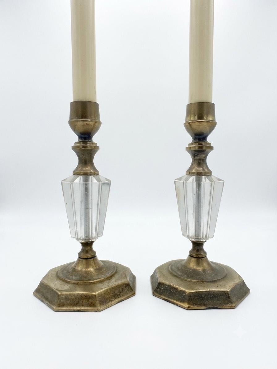 Pair of Vintage Boudoir Table Lamps, Cut Glass & Brass Accents