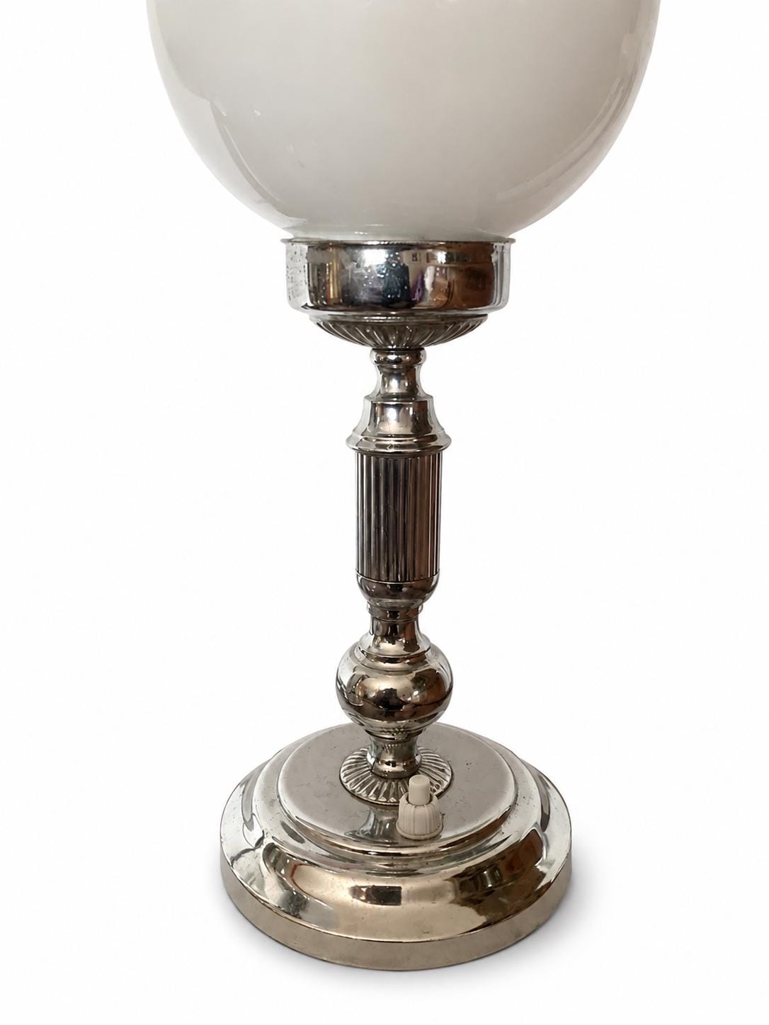 Pair of Vintage Chrome Table Lamps, Round Opaline Glass Globe Shades