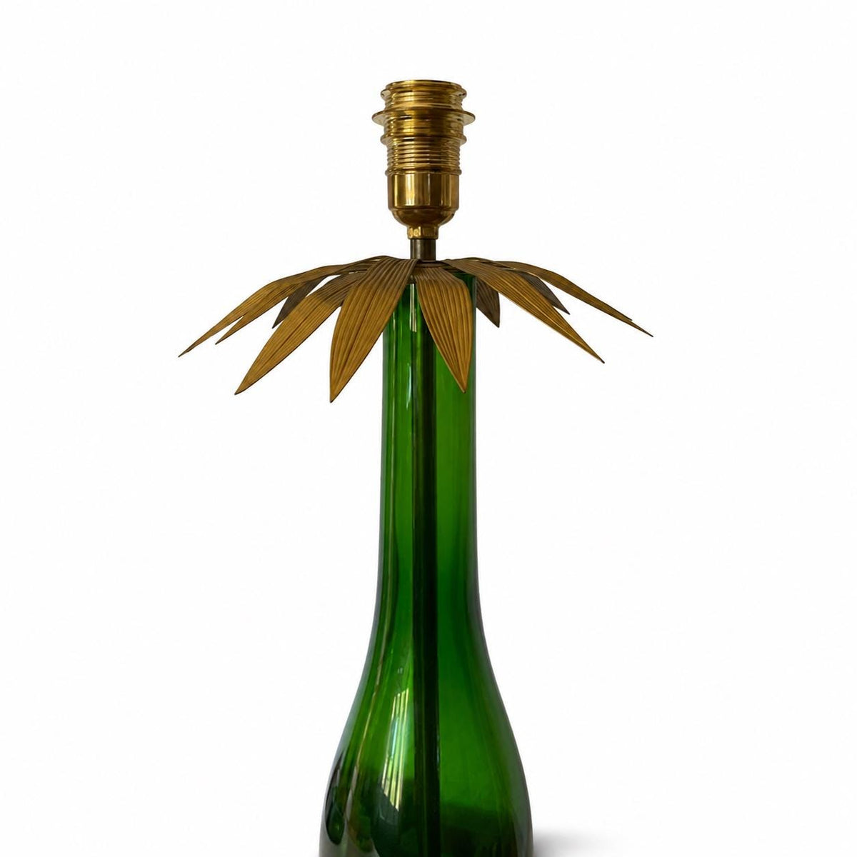 Vintage Emerald Green Blown Glass Table Lamp, Brass Leaf Accents, Marked C.B. 1299