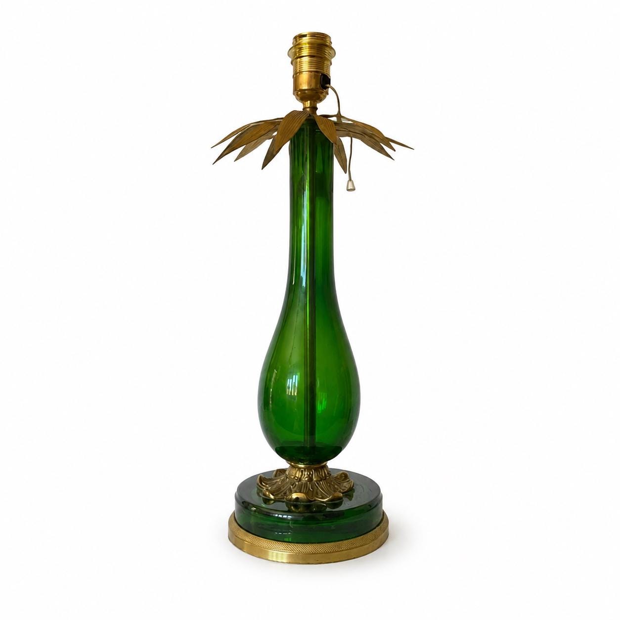 Vintage Emerald Green Blown Glass Table Lamp, Brass Leaf Accents, Marked C.B. 1299
