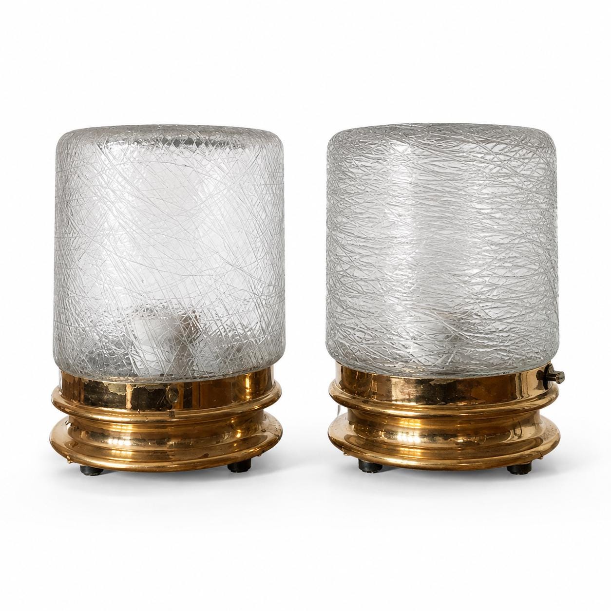 Vintage Glass Table Lamps Pair, Textured Spun Glass Shades on Brass Bases — European, 1960s–70s