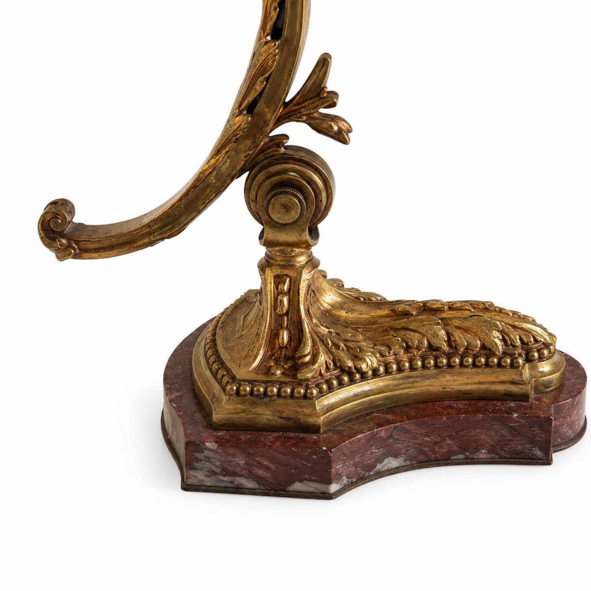 Antique Style Desk Lamp, gilt bronze and Red Marble, Signed Mottled Glass Tulip Shade — French, Reims