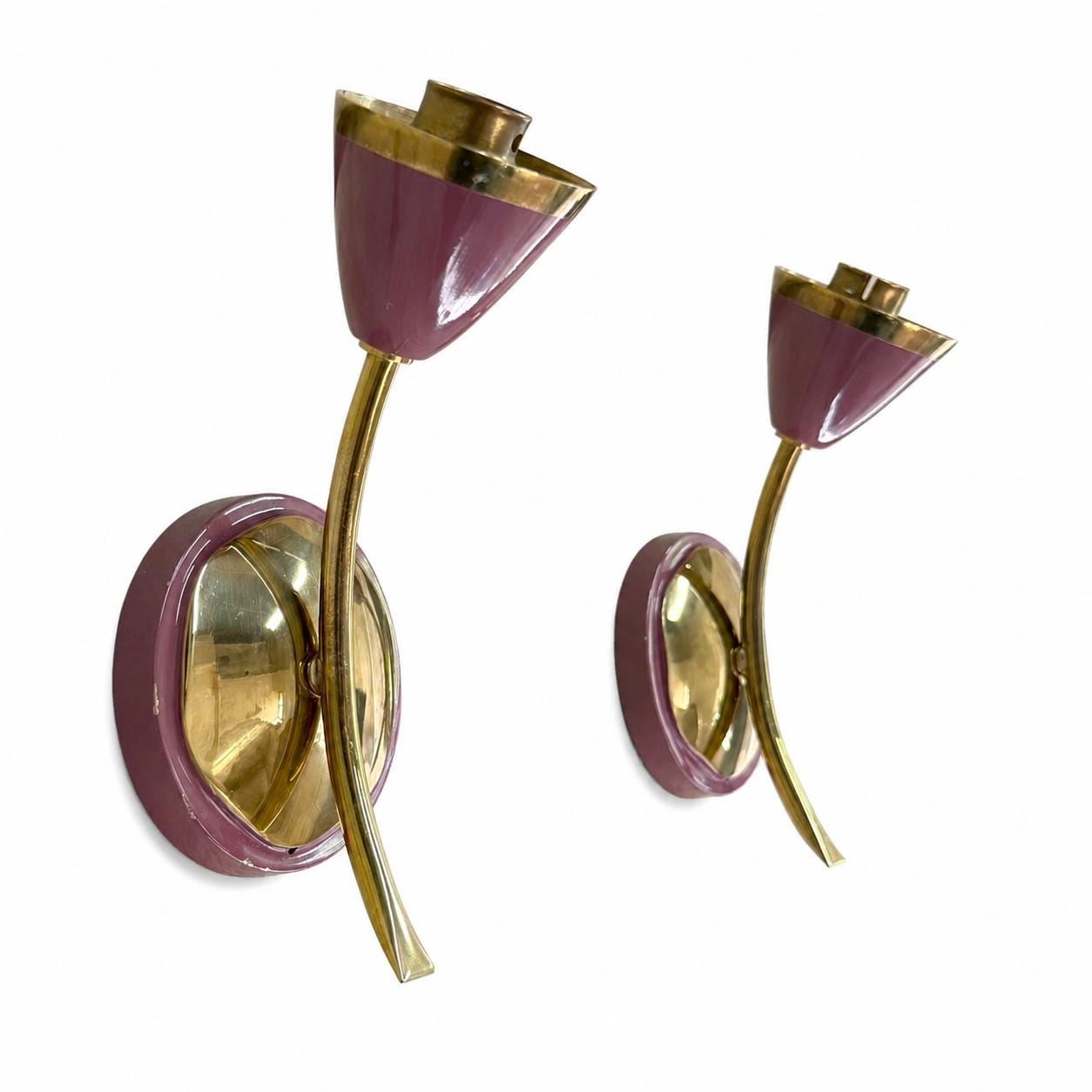 Vintage Wall Sconces Pair, Brass and Purple Lacquered Metal Tulip Wall Lights — 1960s–70s