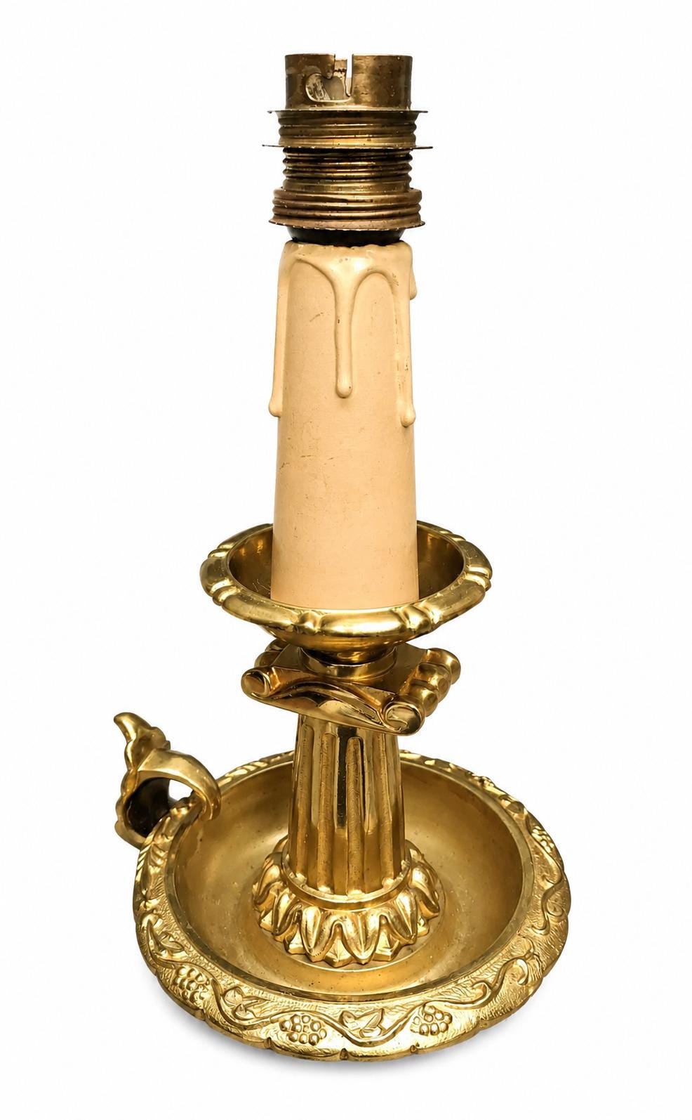 French Chamberstick Lamp, Gilt Metal Column Candlestick Table Lamp with Shade — 1950s–60s
