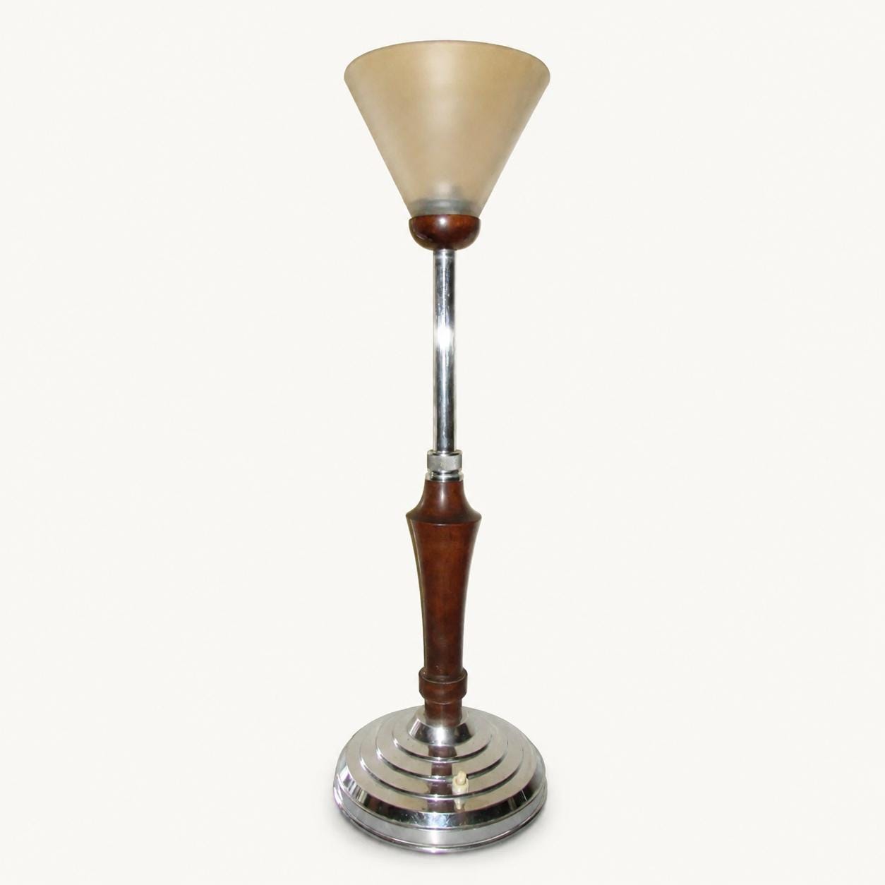 Art Deco Style Desk Lamp, Adjustable Wood and Chrome Uplighter, Frosted Cone Shade, Mazda Style