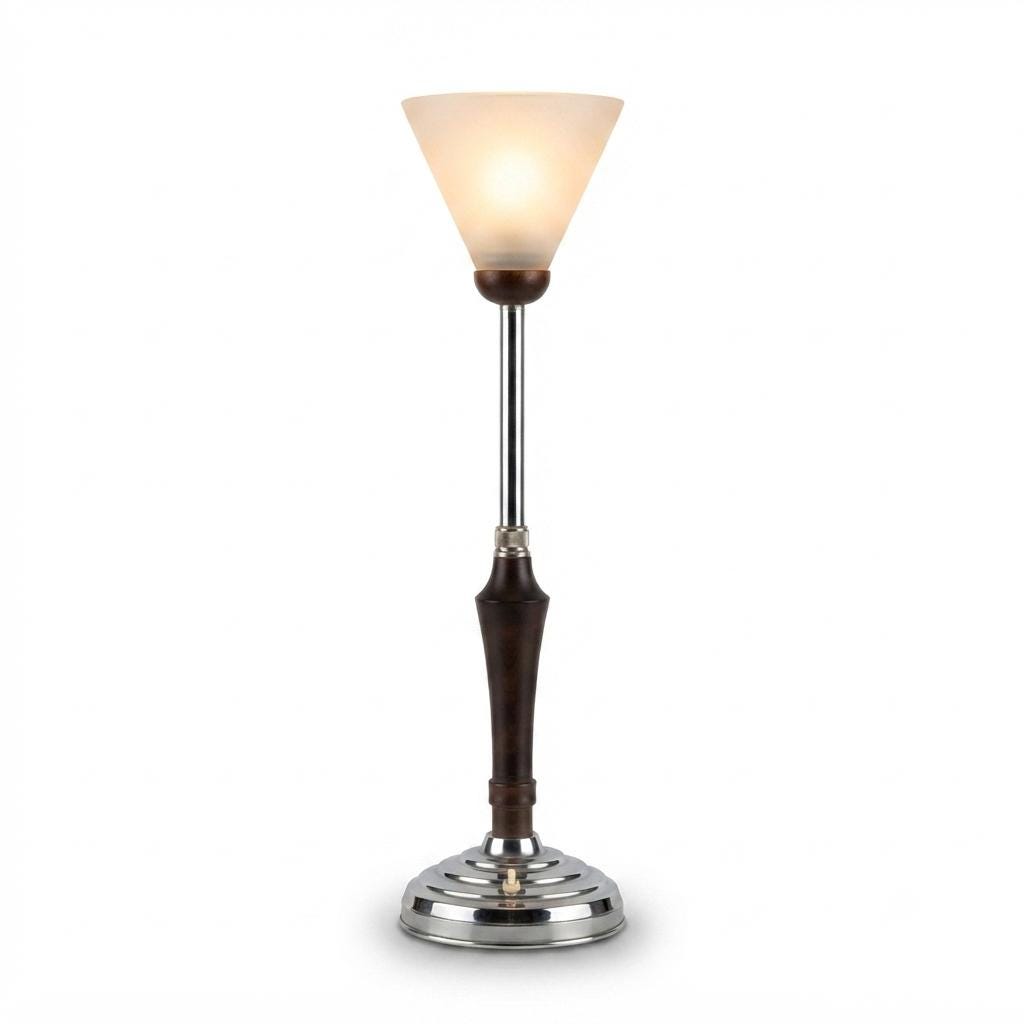 Art Deco Style Desk Lamp, Adjustable Wood and Chrome Uplighter, Frosted Cone Shade, Mazda Style