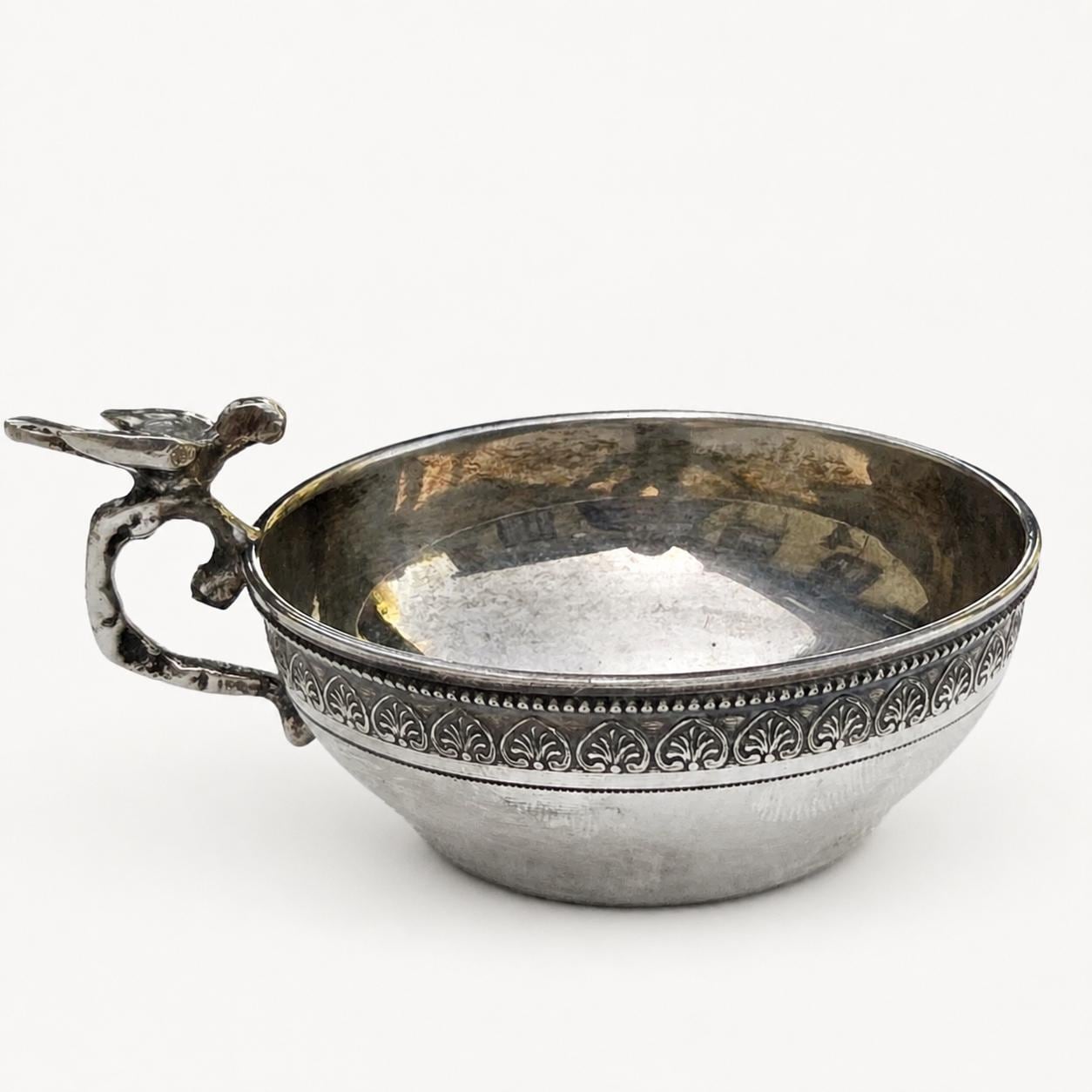 Silver Wine Taster, 900 Silver Tastevin Cup with Bird Handle, Palmette Border — Continental