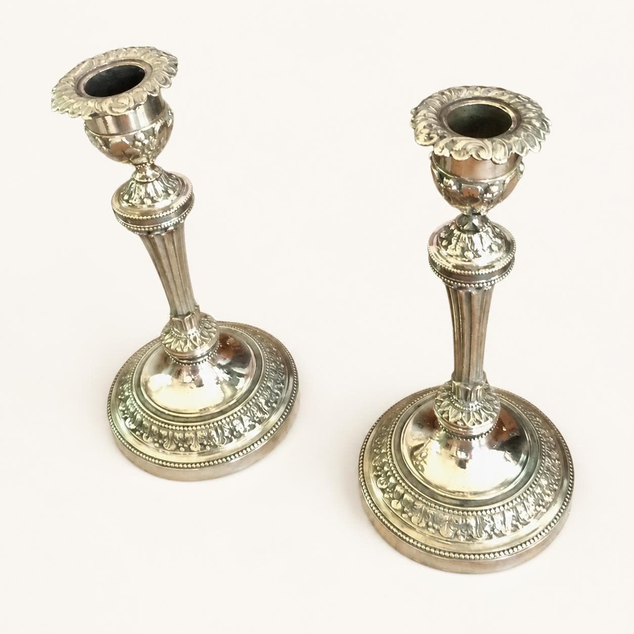 Louis XVI Style Candlesticks Pair, Gilt Metal Fluted Candle Holders, Chased Foliage — French, 19th Century Attribution