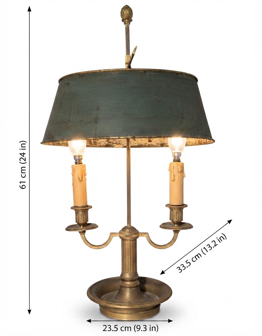 French Bouillotte Lamp, Louis XVI Style Two Light Lamp with Green Tole Shade — 19th Century Attribution