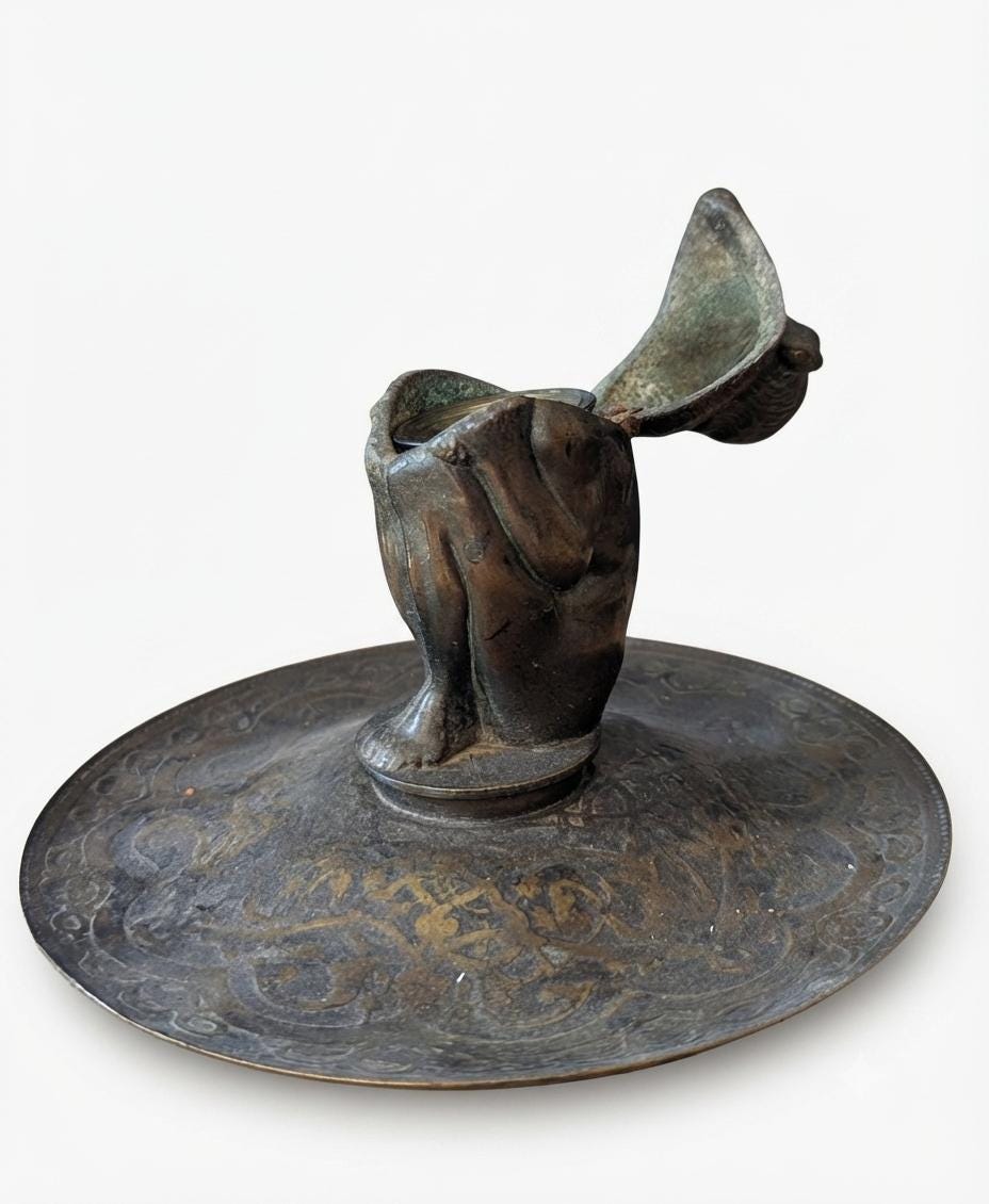 Figural Inkwell, Gnome Inkwell on Engraved Dish, Patinated Metal Desk Stand — French Style, 19th Century Attribution
