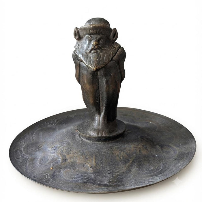 Figural Inkwell, Gnome Inkwell on Engraved Dish, Patinated Metal Desk Stand — French Style, 19th Century Attribution