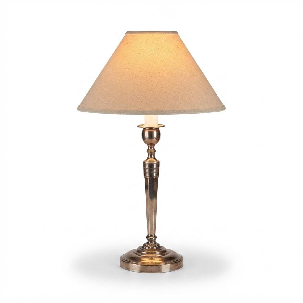 Silvered Candlestick Lamp, Empire Style Table Lamp with Beige Shade — French, Unpierced Conversion