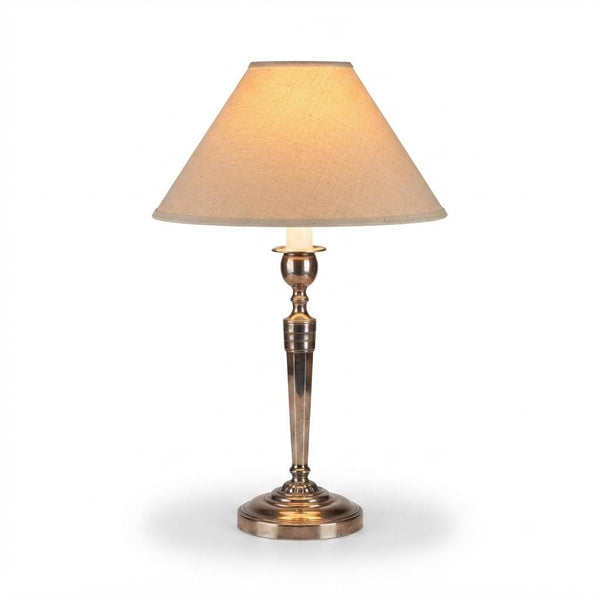 Silvered Candlestick Lamp, Empire Style Table Lamp with Beige Shade — French, Unpierced Conversion