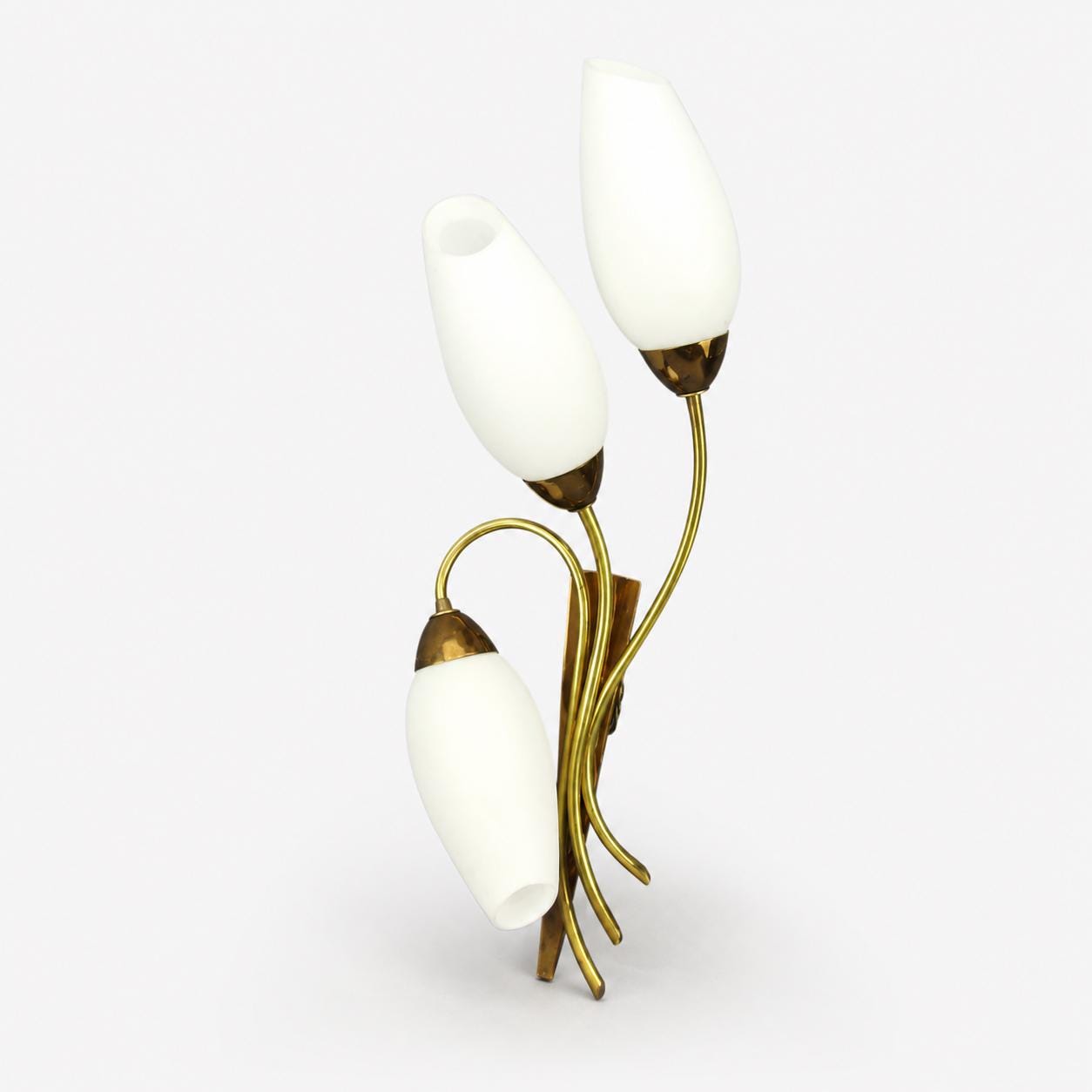 Tulip Wall Sconce, Three Light Brass Sconce with White Glass Tulip Shades — French, Mid Century