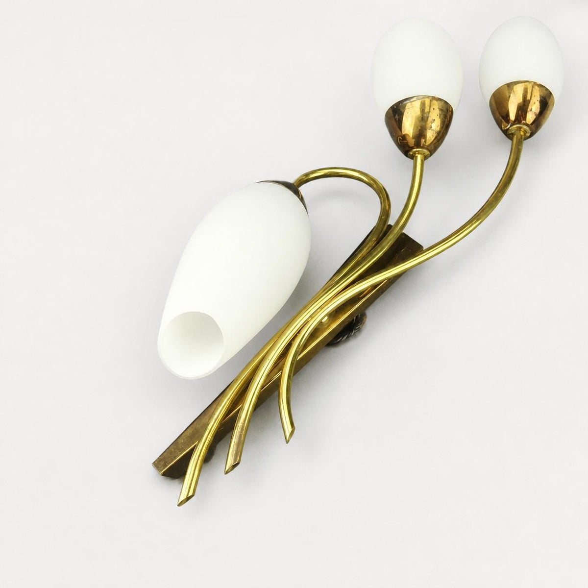Tulip Wall Sconce, Three Light Brass Sconce with White Glass Tulip Shades — French, Mid Century