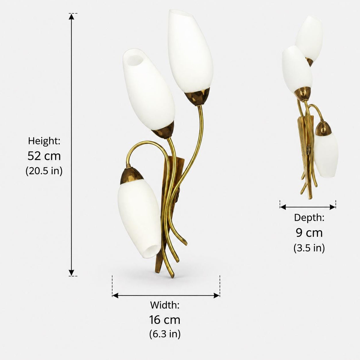 Tulip Wall Sconce, Three Light Brass Sconce with White Glass Tulip Shades — French, Mid Century