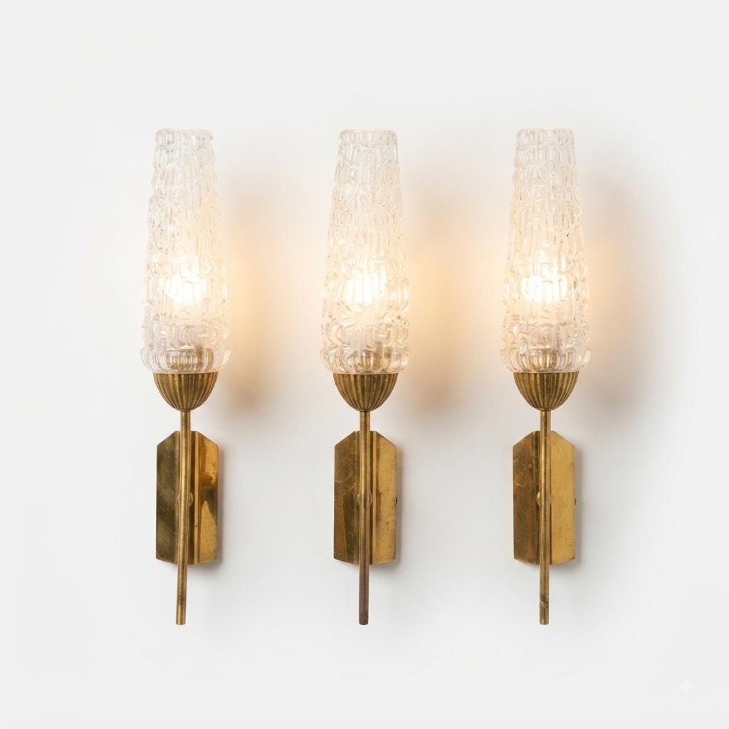 Mid Century Wall Sconces Set of Three, Brass Sconces with Textured Glass Cone Shades — French, 1950s–60s