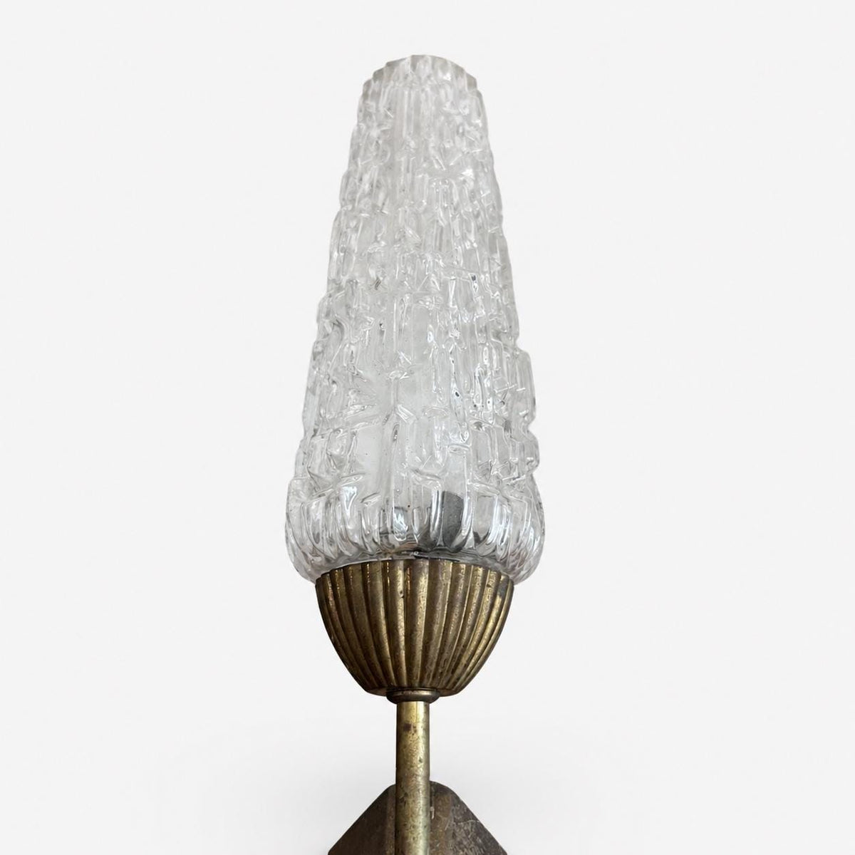 Mid Century Wall Sconces Set of Three, Brass Sconces with Textured Glass Cone Shades — French, 1950s–60s