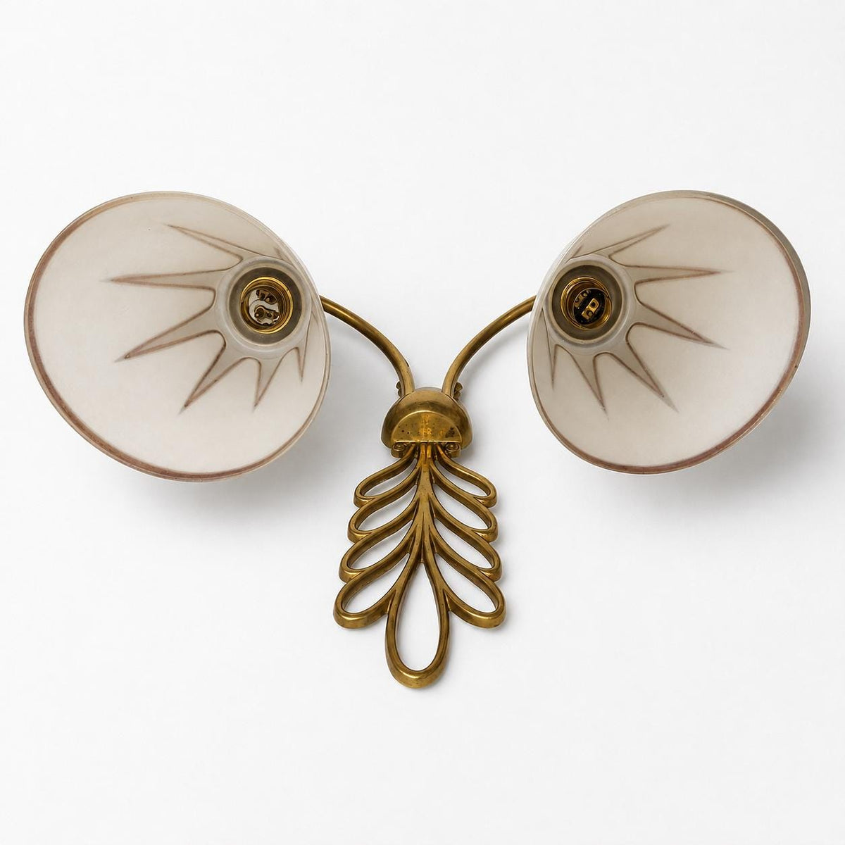 Large Double Wall Sconces Pair, Brass Leaf Sconces with Frosted Glass Cone Shades, Gold Accents — French, 1950s