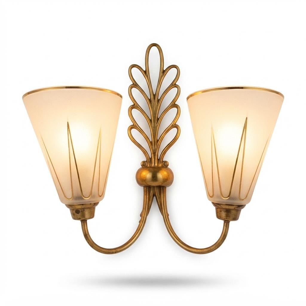 Large Double Wall Sconces Pair, Brass Leaf Sconces with Frosted Glass Cone Shades, Gold Accents — French, 1950s
