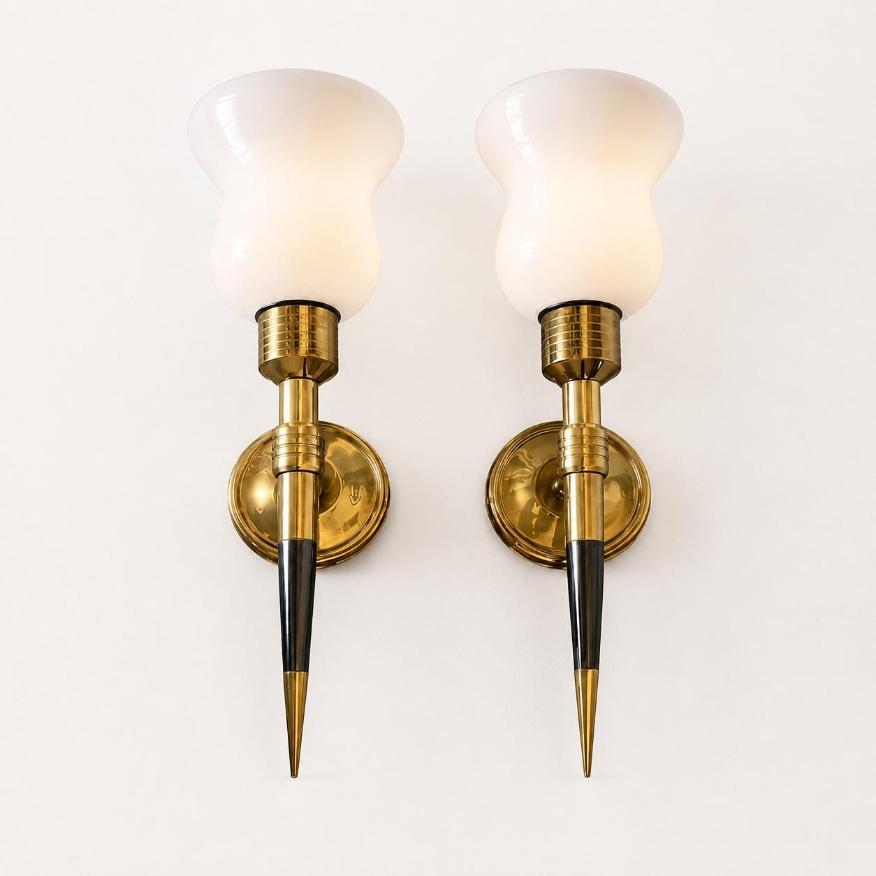 Pair of Brass and Opaline Glass Wall Sconces, 1950s