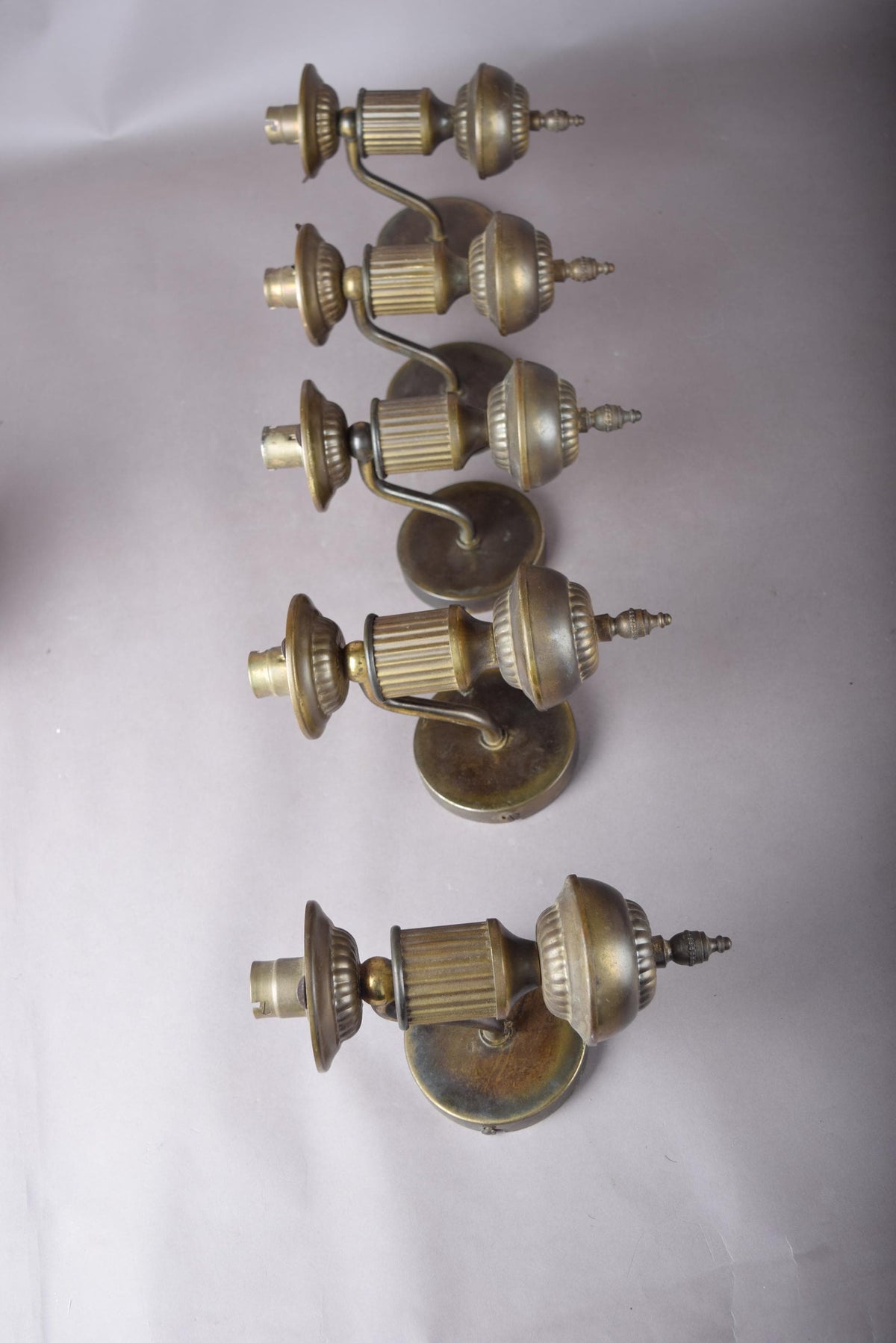Set of Five Patinated Brass Wall Sconces, Urn-Form Arm, 1950s