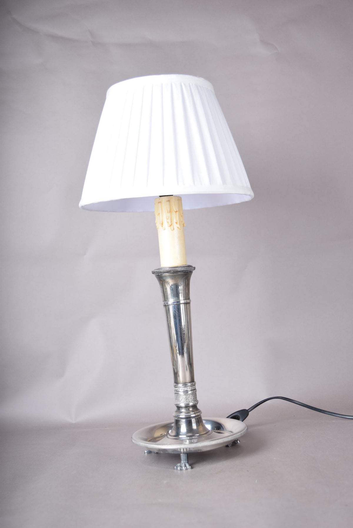 French Vintage Neoclassical Silver on Bronze Table Lamp with Pleated Shade