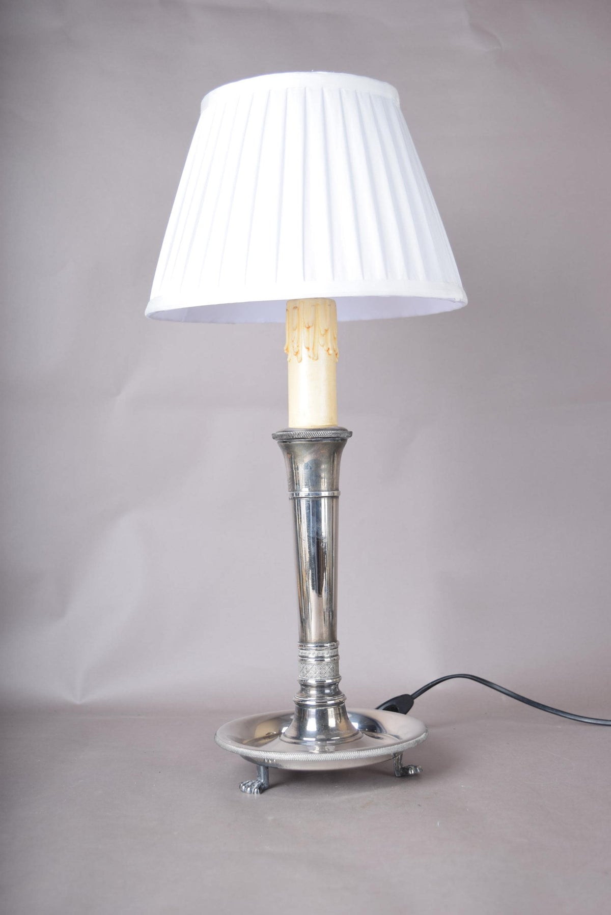 French Vintage Neoclassical Silver on Bronze Table Lamp with Pleated Shade