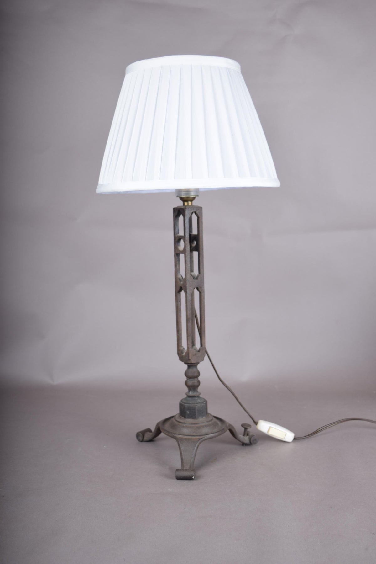 French Vintage Brutalist Art Deco Cast Metal Table Lamp with Pleated Shade