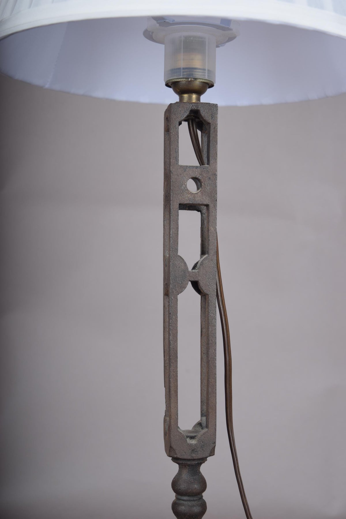 French Vintage Brutalist Art Deco Cast Metal Table Lamp with Pleated Shade