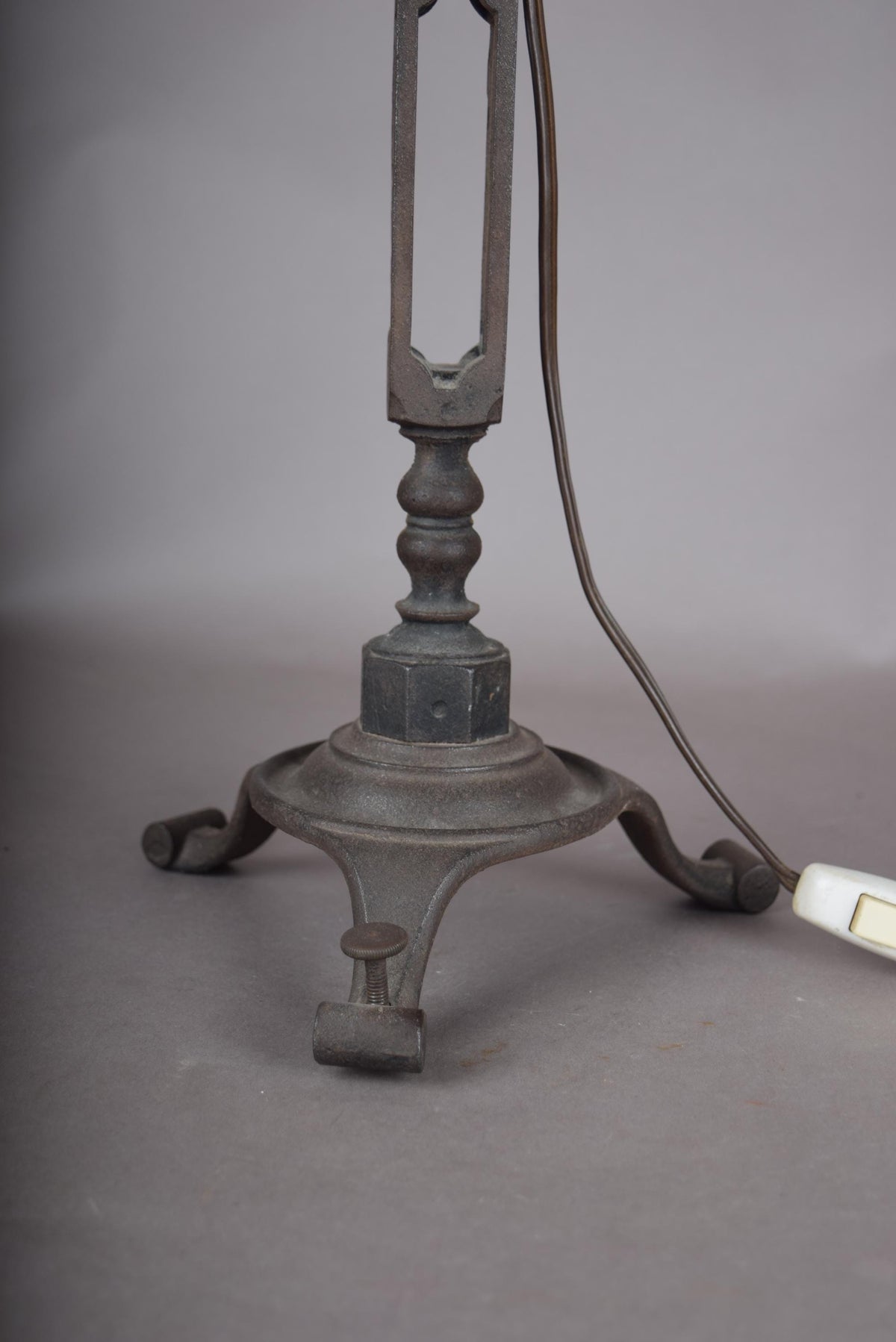 French Vintage Brutalist Art Deco Cast Metal Table Lamp with Pleated Shade