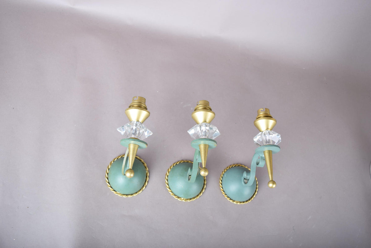 Set of Three Painted Metal Wall Sconces, Faceted Glass Drops, Scrolled Arm