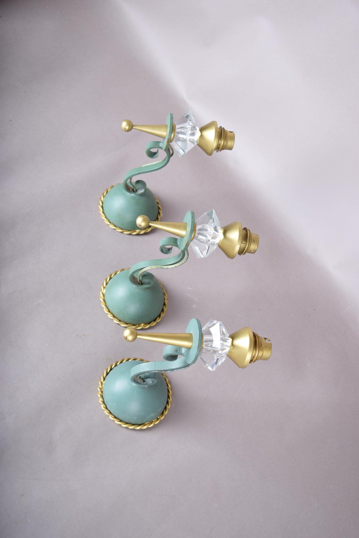 Set of Three Painted Metal Wall Sconces, Faceted Glass Drops, Scrolled Arm