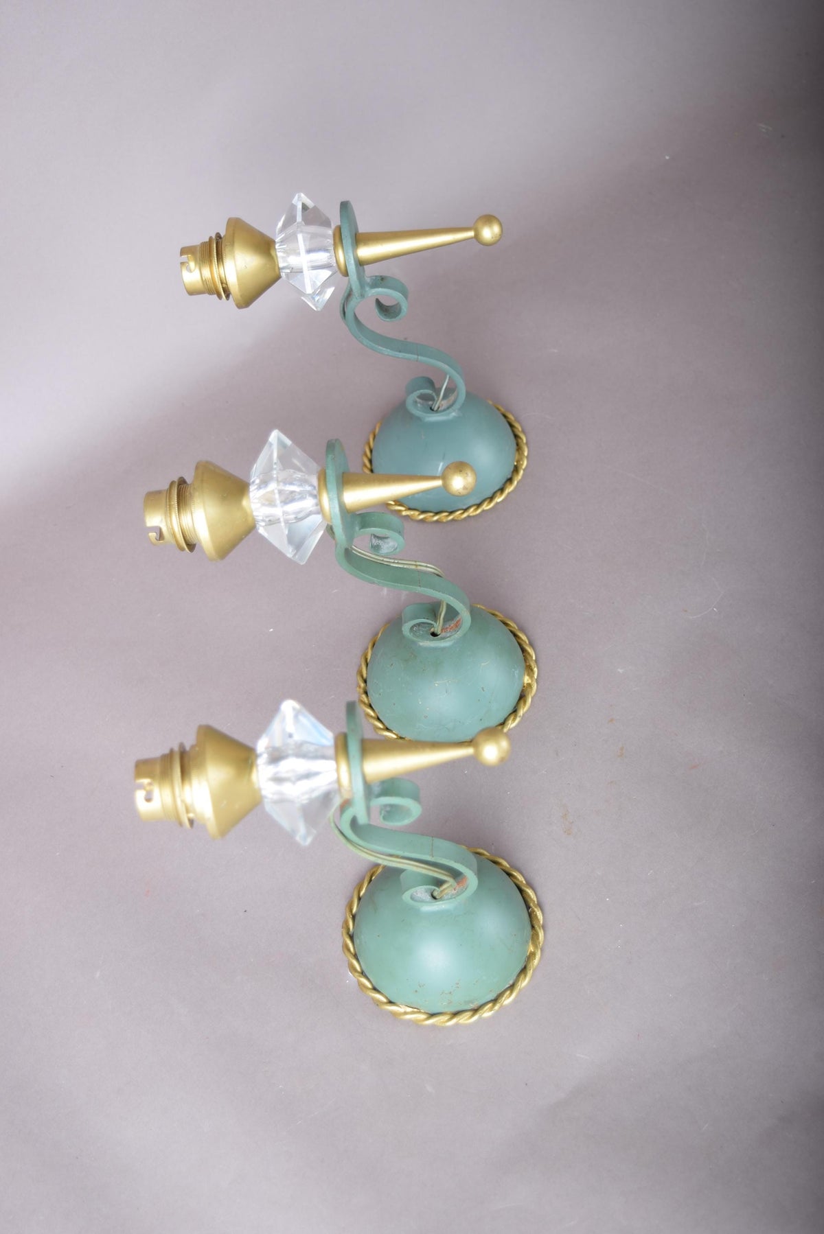 Set of Three Painted Metal Wall Sconces, Faceted Glass Drops, Scrolled Arm