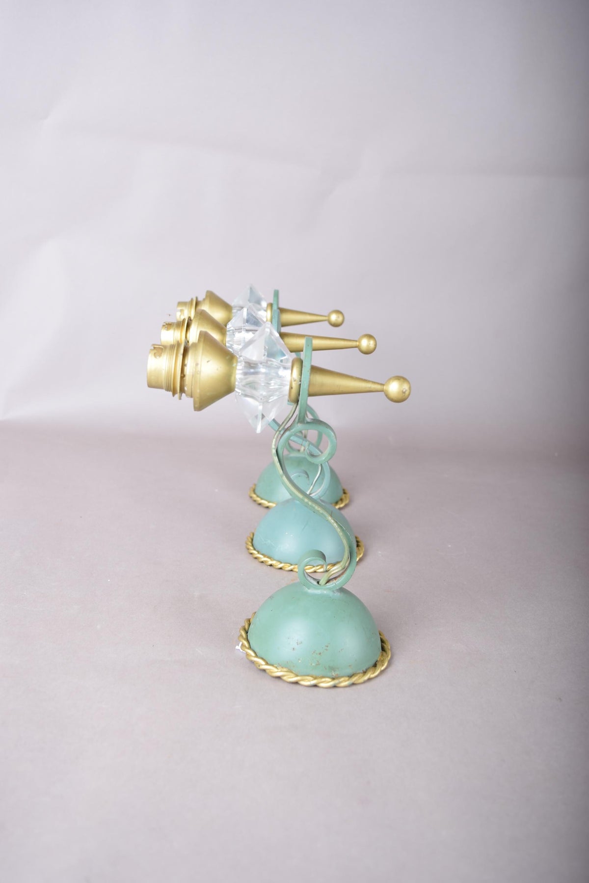 Set of Three Painted Metal Wall Sconces, Faceted Glass Drops, Scrolled Arm