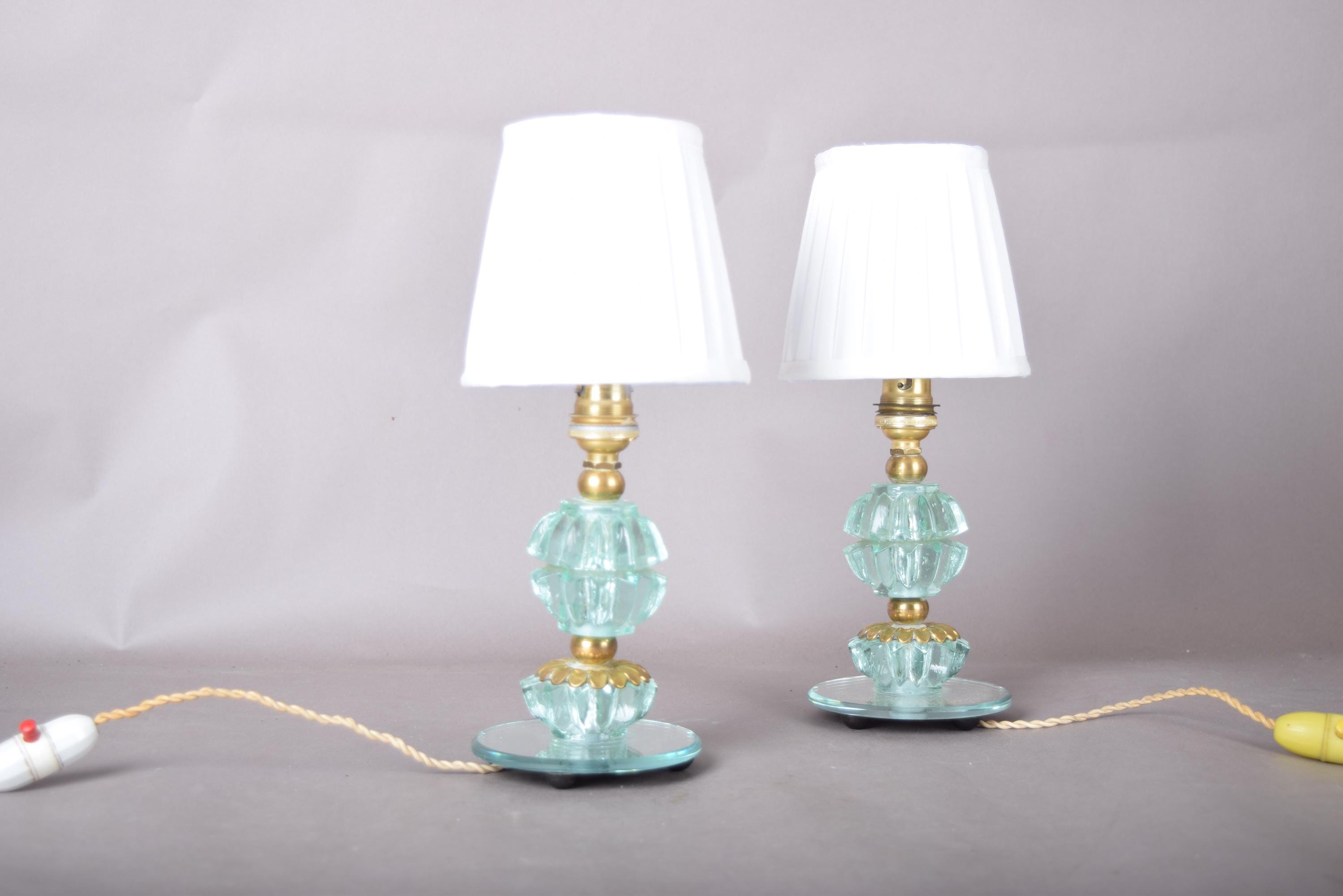 Glass Table Lamps Pair, Aqua Pressed Glass and Brass Bedside Lamps on Mirror Bases — French, 1940s