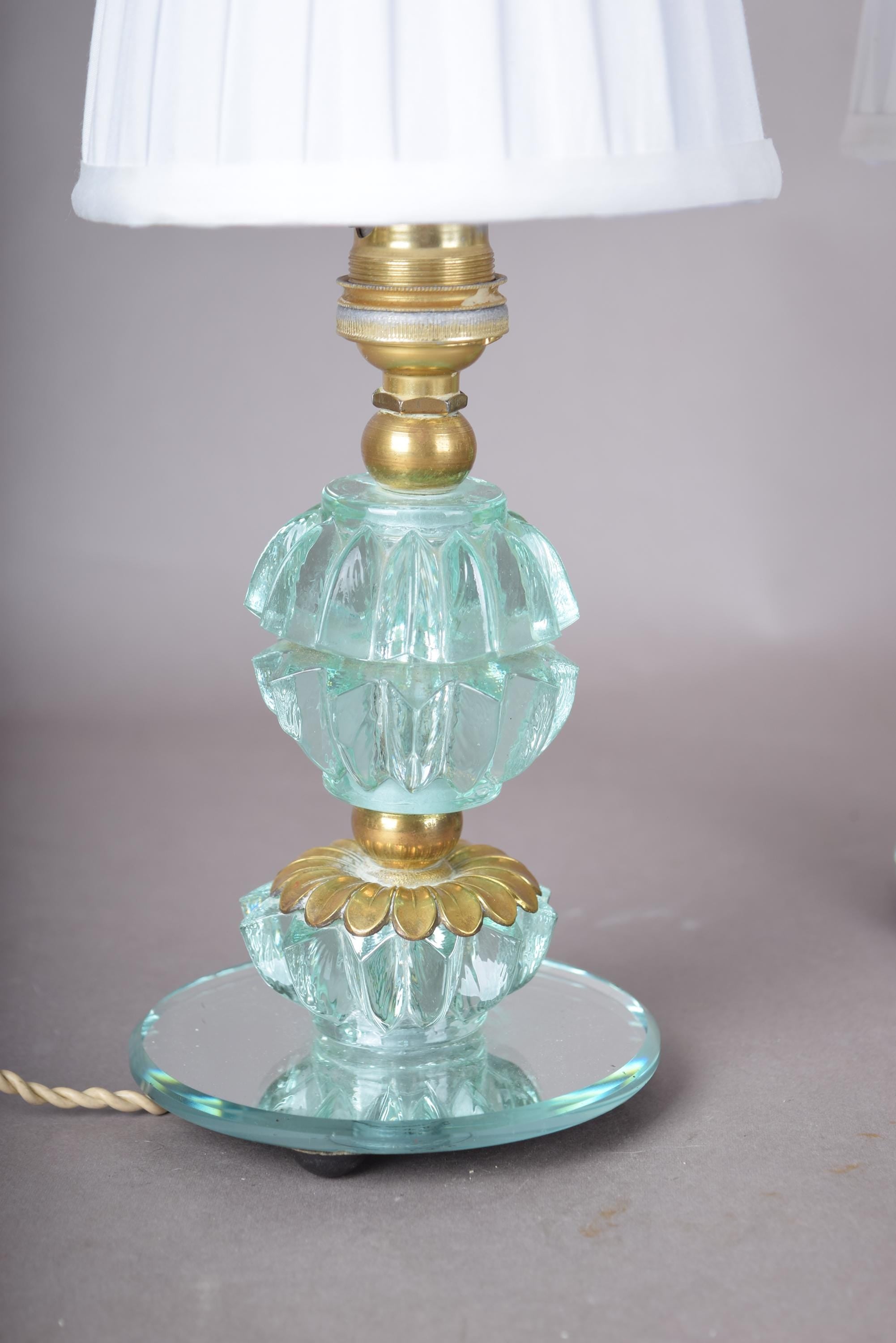 Glass Table Lamps Pair, Aqua Pressed Glass and Brass Bedside Lamps on Mirror Bases — French, 1940s