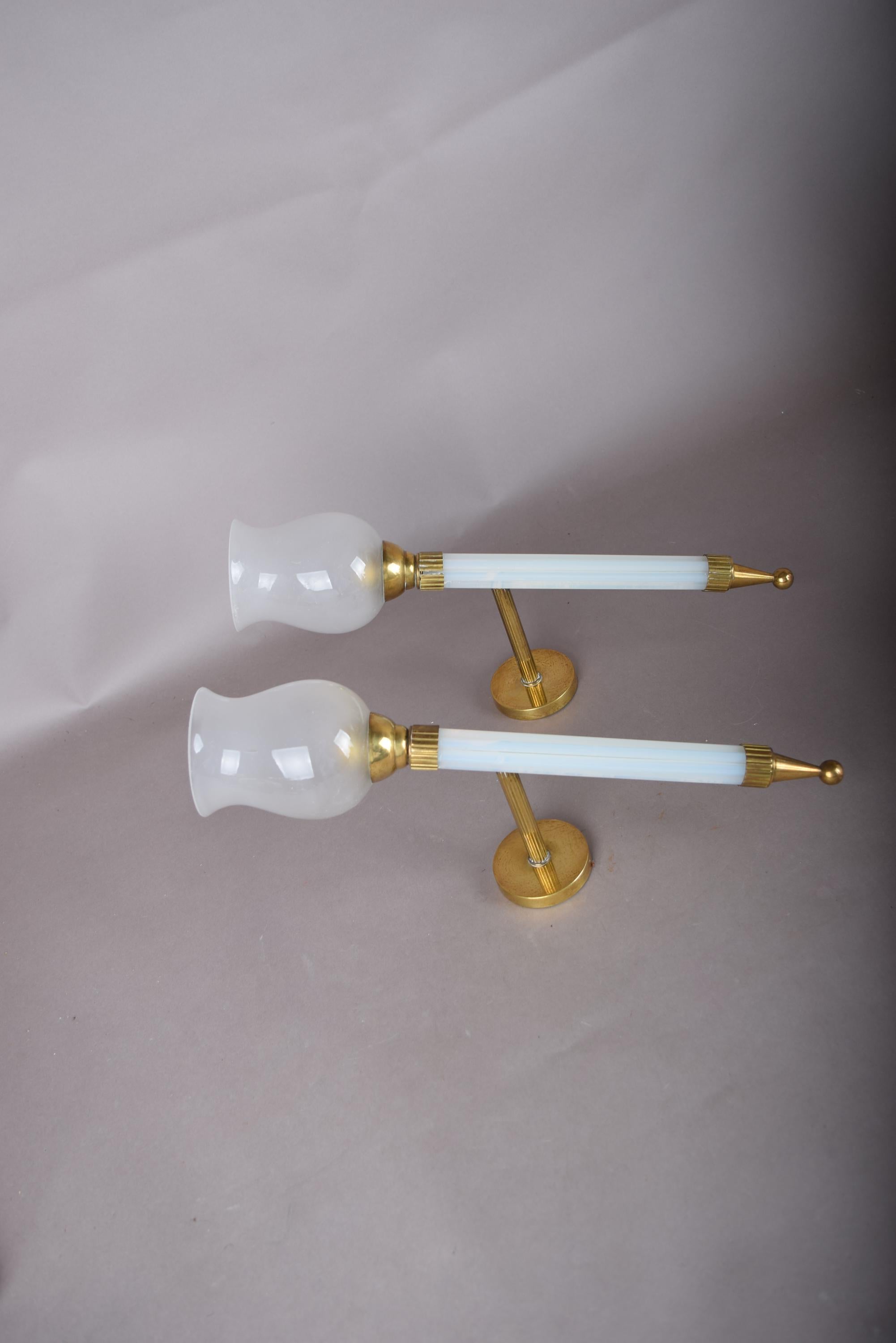 Opaline Glass Torch Sconces Pair, Blue Opaline and Brass Wall Torches with Glass Shades — French, 1950s
