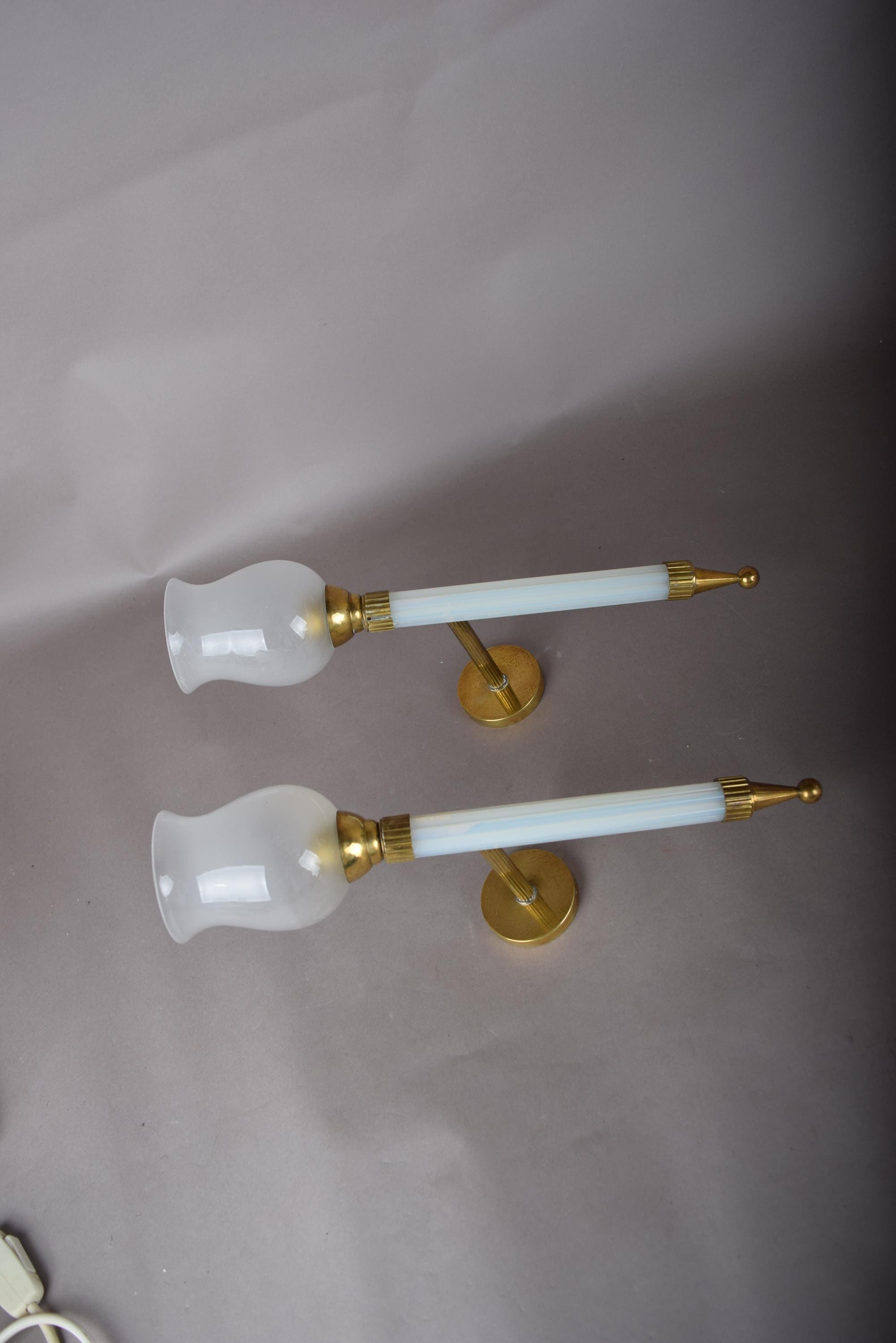 Opaline Glass Torch Sconces Pair, Blue Opaline and Brass Wall Torches with Glass Shades — French, 1950s