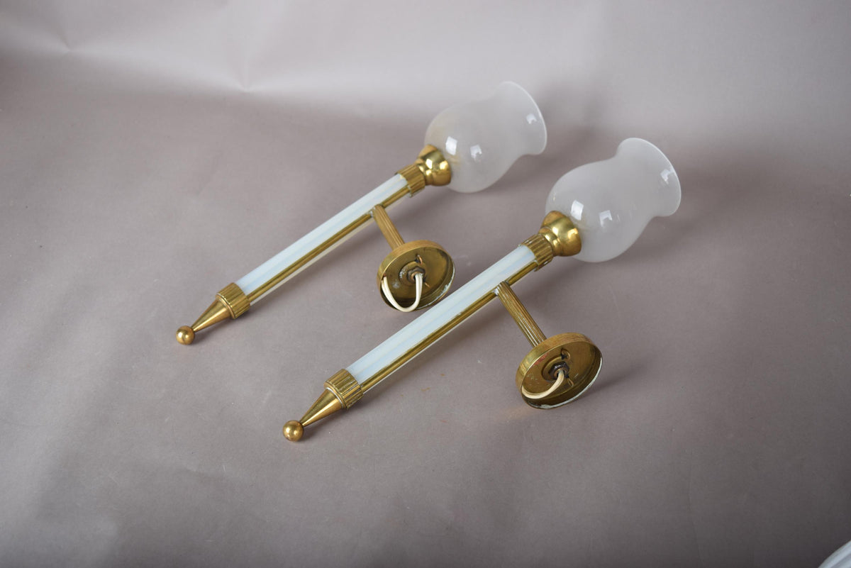 Opaline Glass Torch Sconces Pair, Blue Opaline and Brass Wall Torches with Glass Shades — French, 1950s