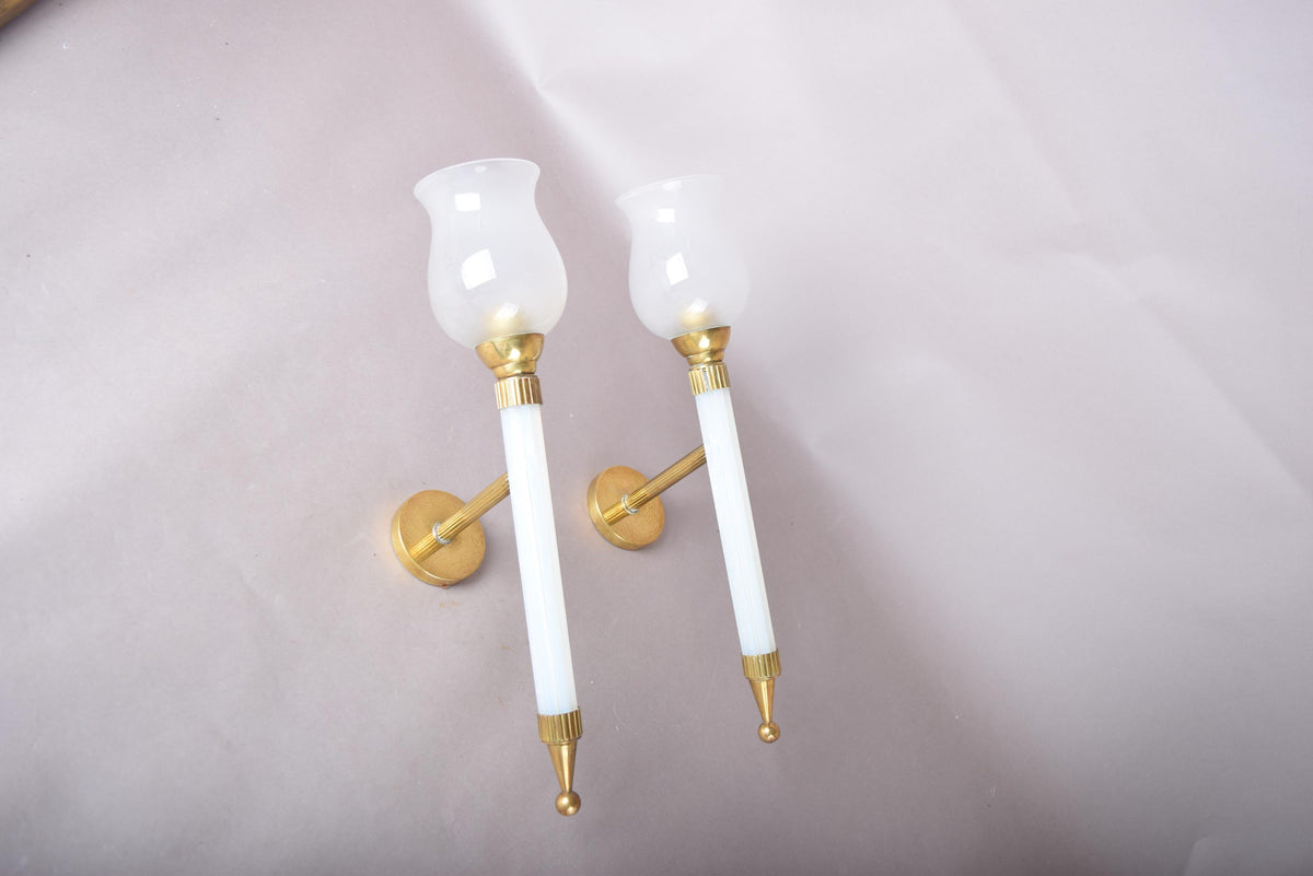 Opaline Glass Torch Sconces Pair, Blue Opaline and Brass Wall Torches with Glass Shades — French, 1950s