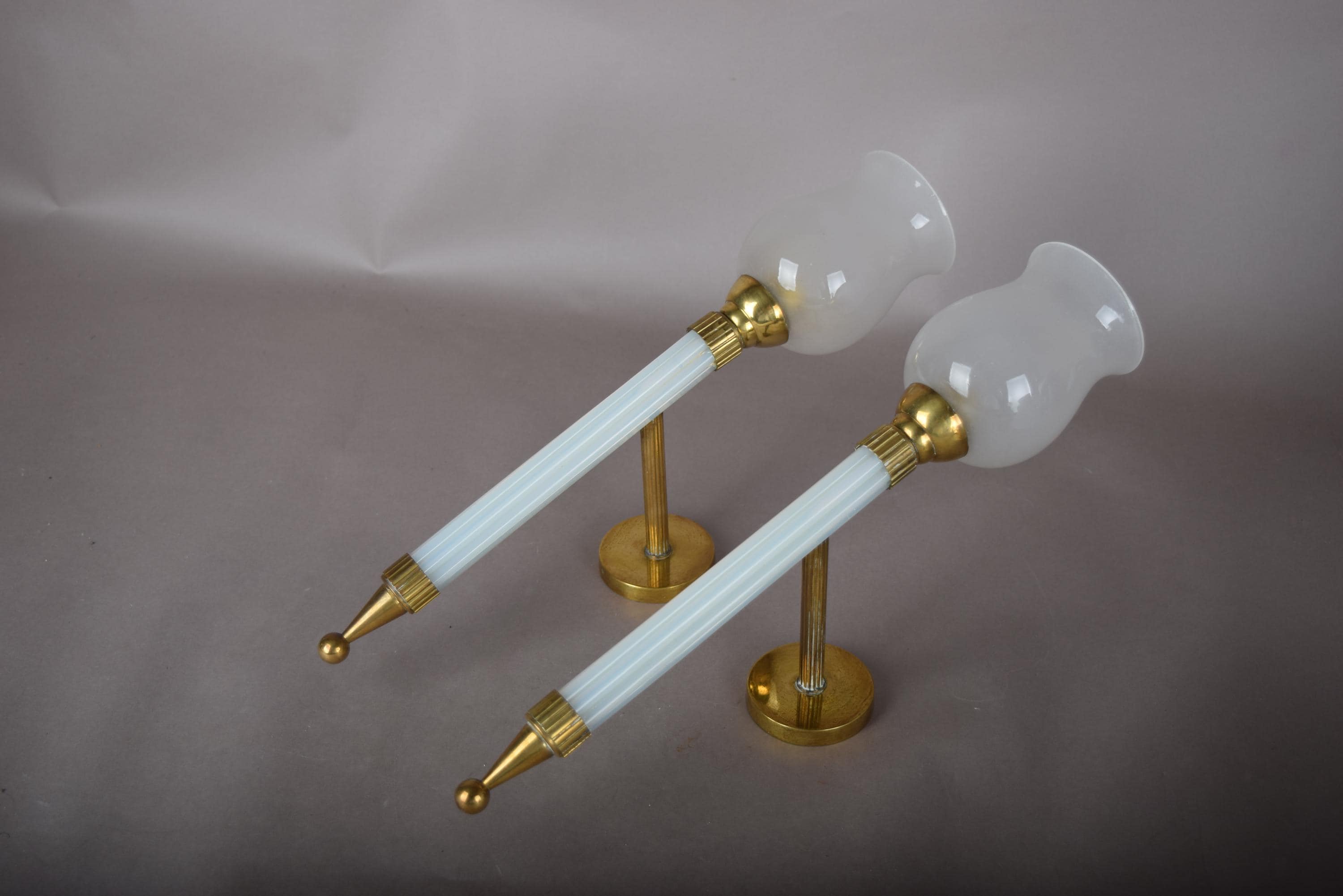 Opaline Glass Torch Sconces Pair, Blue Opaline and Brass Wall Torches with Glass Shades — French, 1950s
