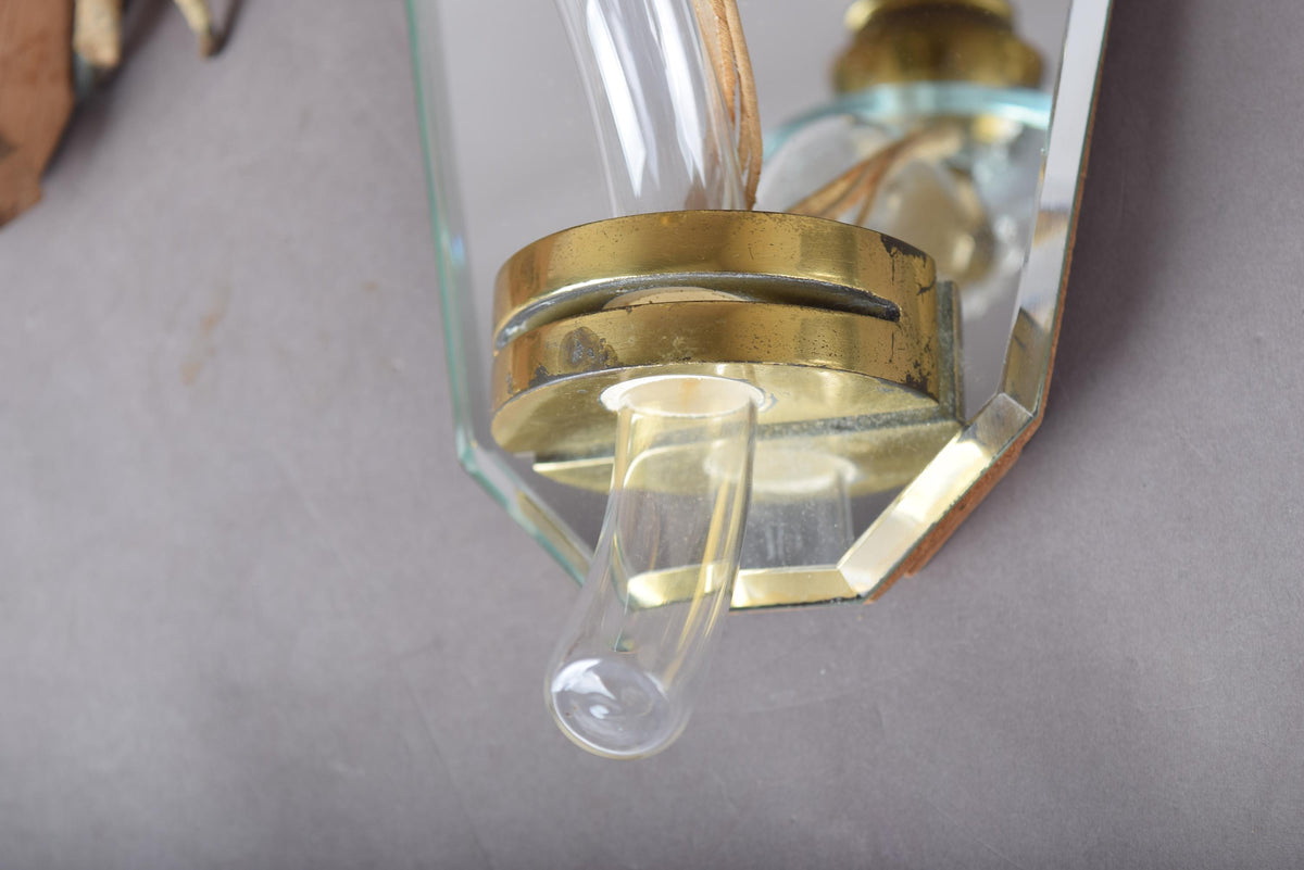 Mirror Wall Sconces Pair, Art Deco Style Mirrored Sconces with Glass Arms — French, 1940s